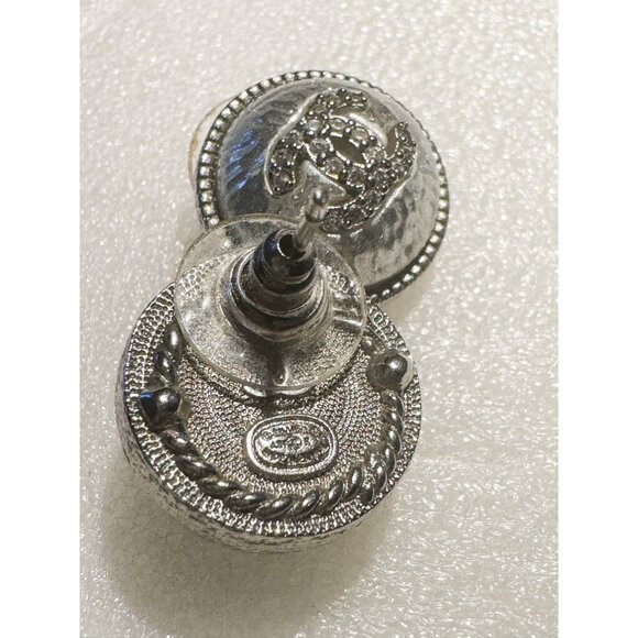 Vintage Chanel Silvertone Rhinestone Dome Shaped Double CC Pierced Earrings - Picture 6 of 7